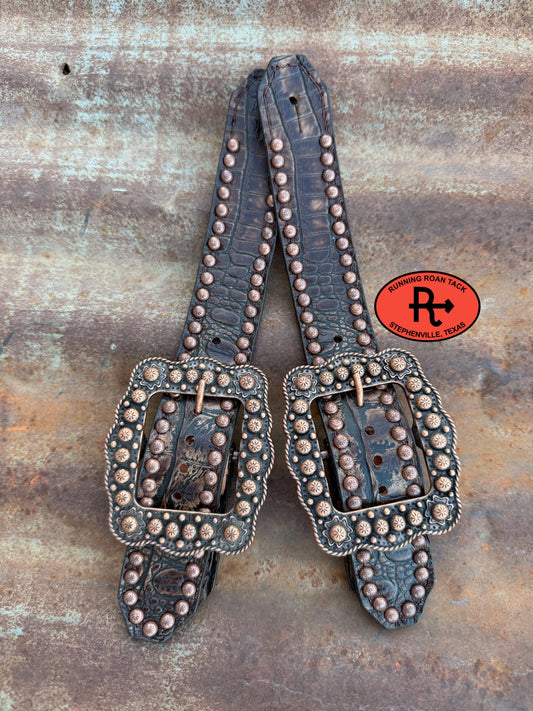 Dark Brown Croc Belt Style Spur Straps with Copper Buckles spurstraps08032026-07