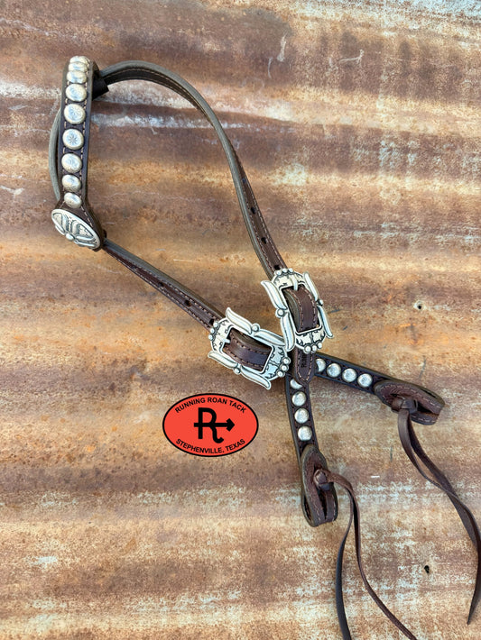 Chocolate Leather Short Cheek Headstall with Quick Change Pineapple Knots and Gallup Hardware 29”-37" Headstall08032026-03