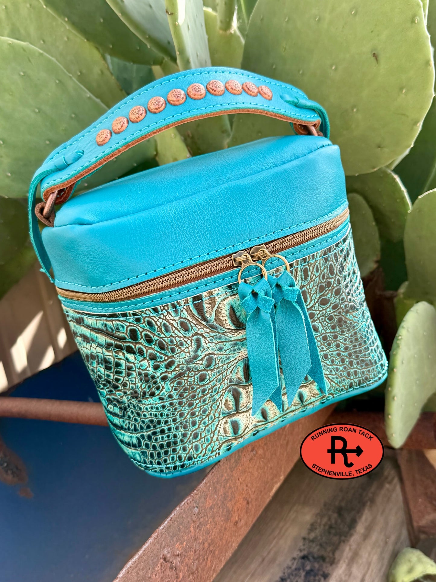 Turquoise Leather with Turquoise Croc Train Case for Makeup, Toiletries, etc traincase07062026-24