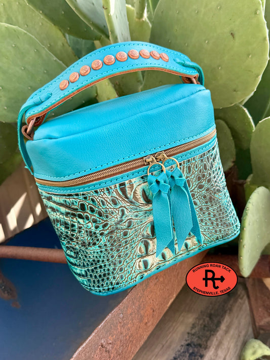 Turquoise Leather with Turquoise Croc Train Case for Makeup, Toiletries, etc traincase07062026-24