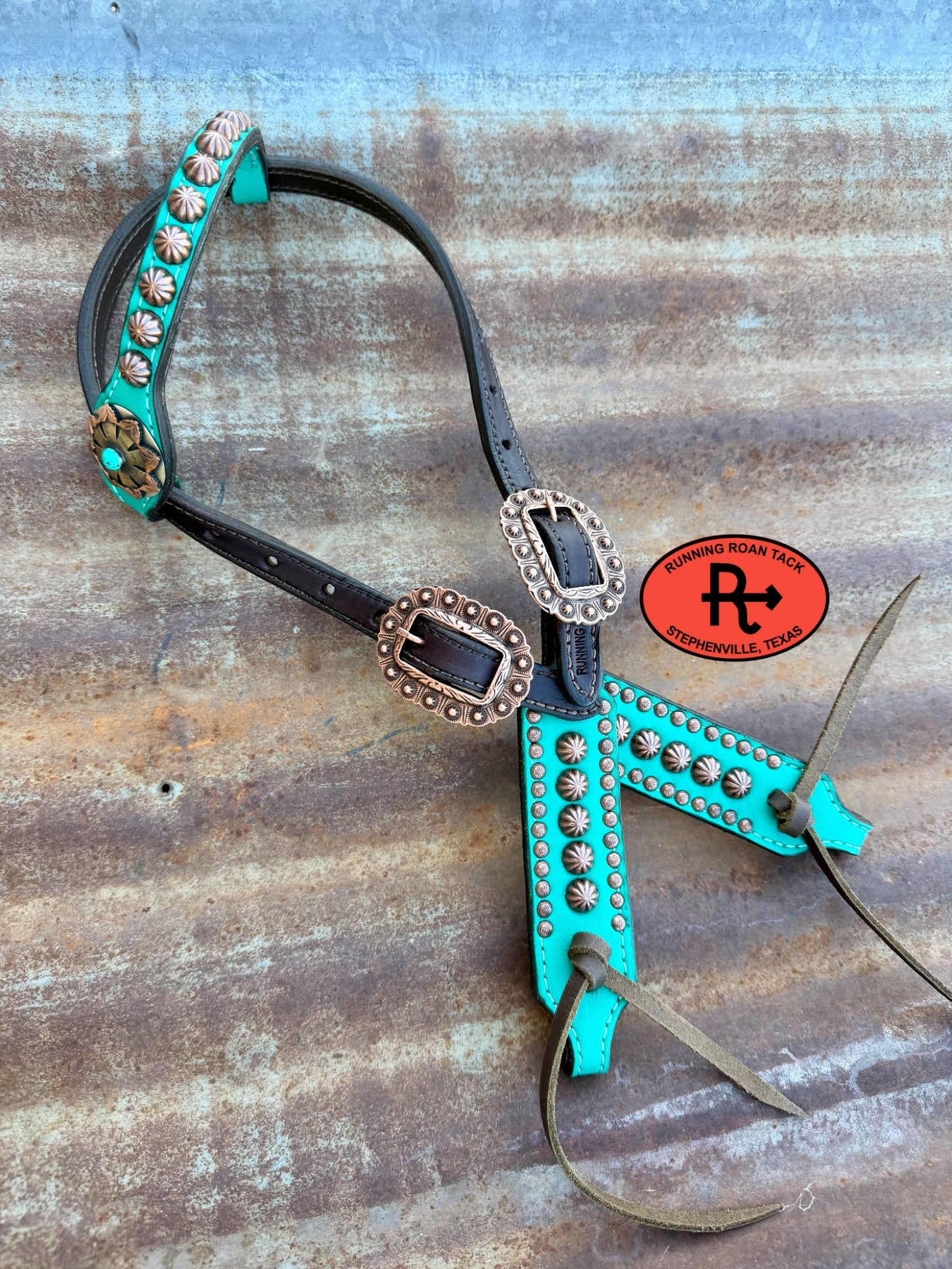 Mint Leather Studded Parachute Spot Tack Set with German Silver Conchos *Buy one piece or both pieces* Set08032026-05