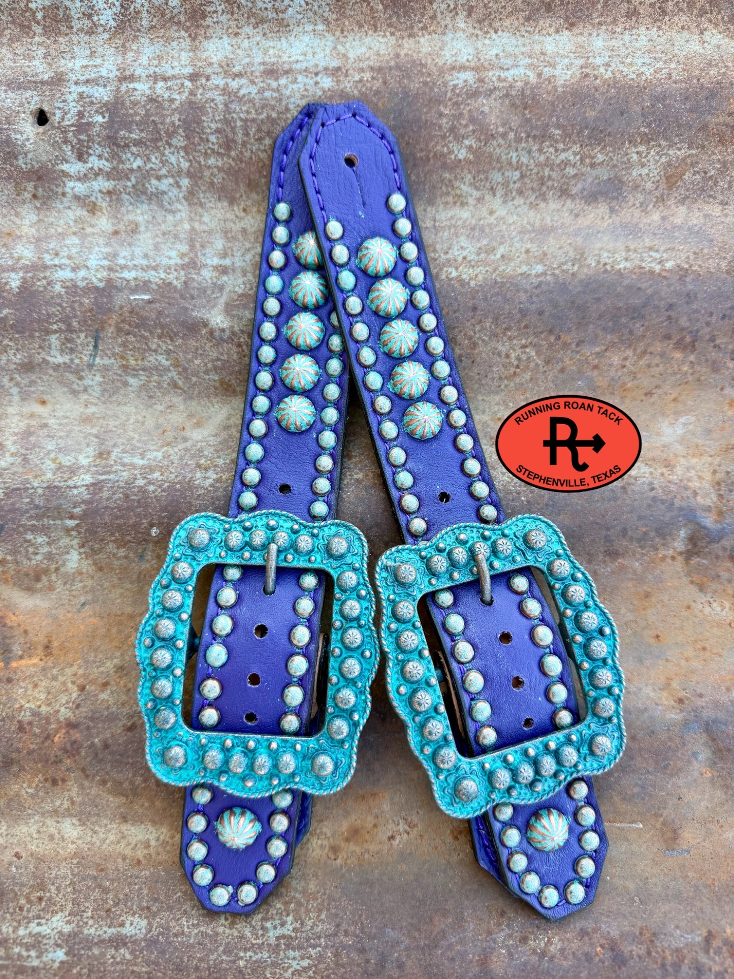 Purple Studded Belt Style Spur Straps with Copper Patina Buckles spurstraps08032026-26
