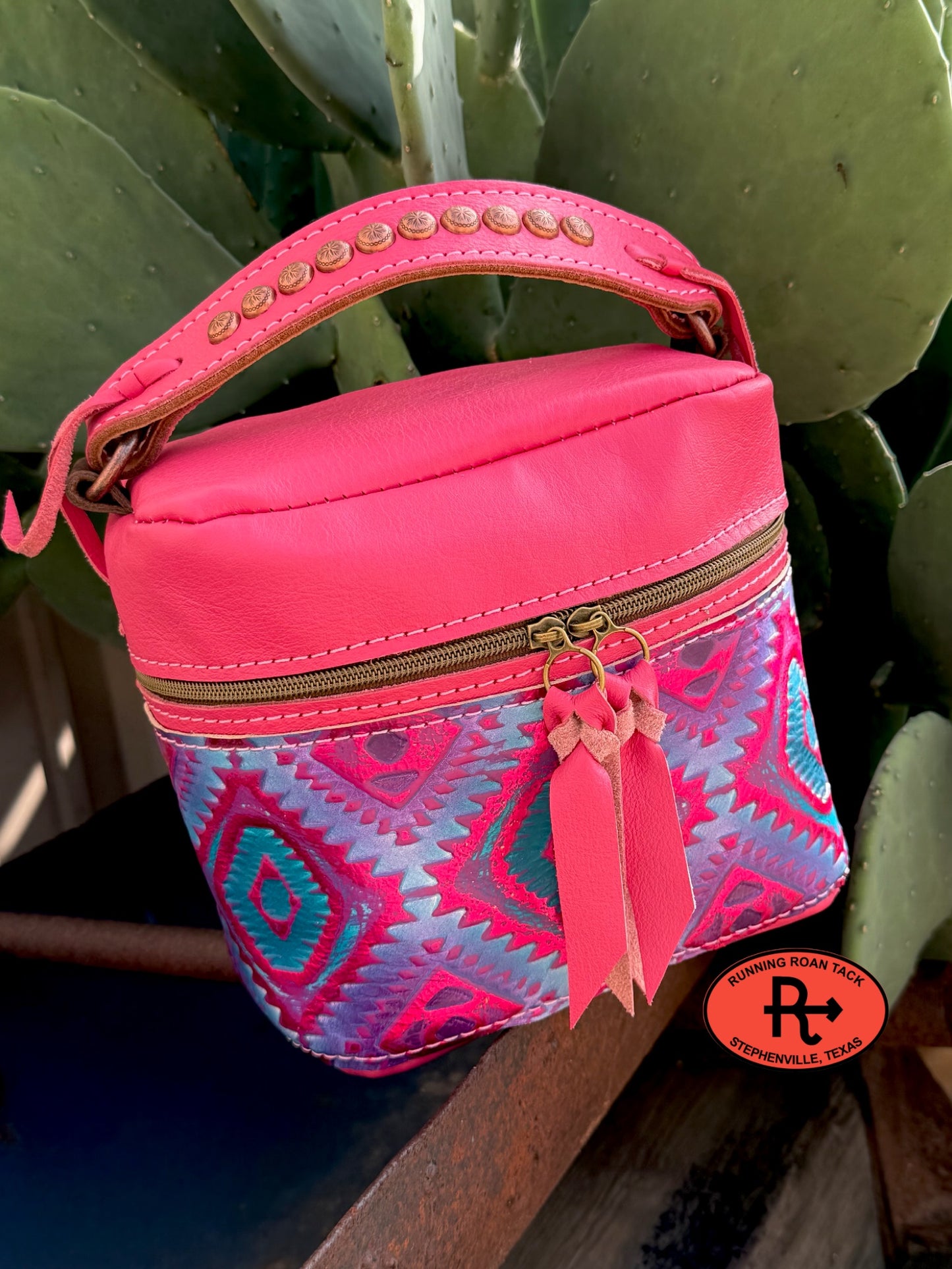 Pink Leather with Southwest Embossed Train Case for Makeup, Toiletries, etc traincase07062026-15