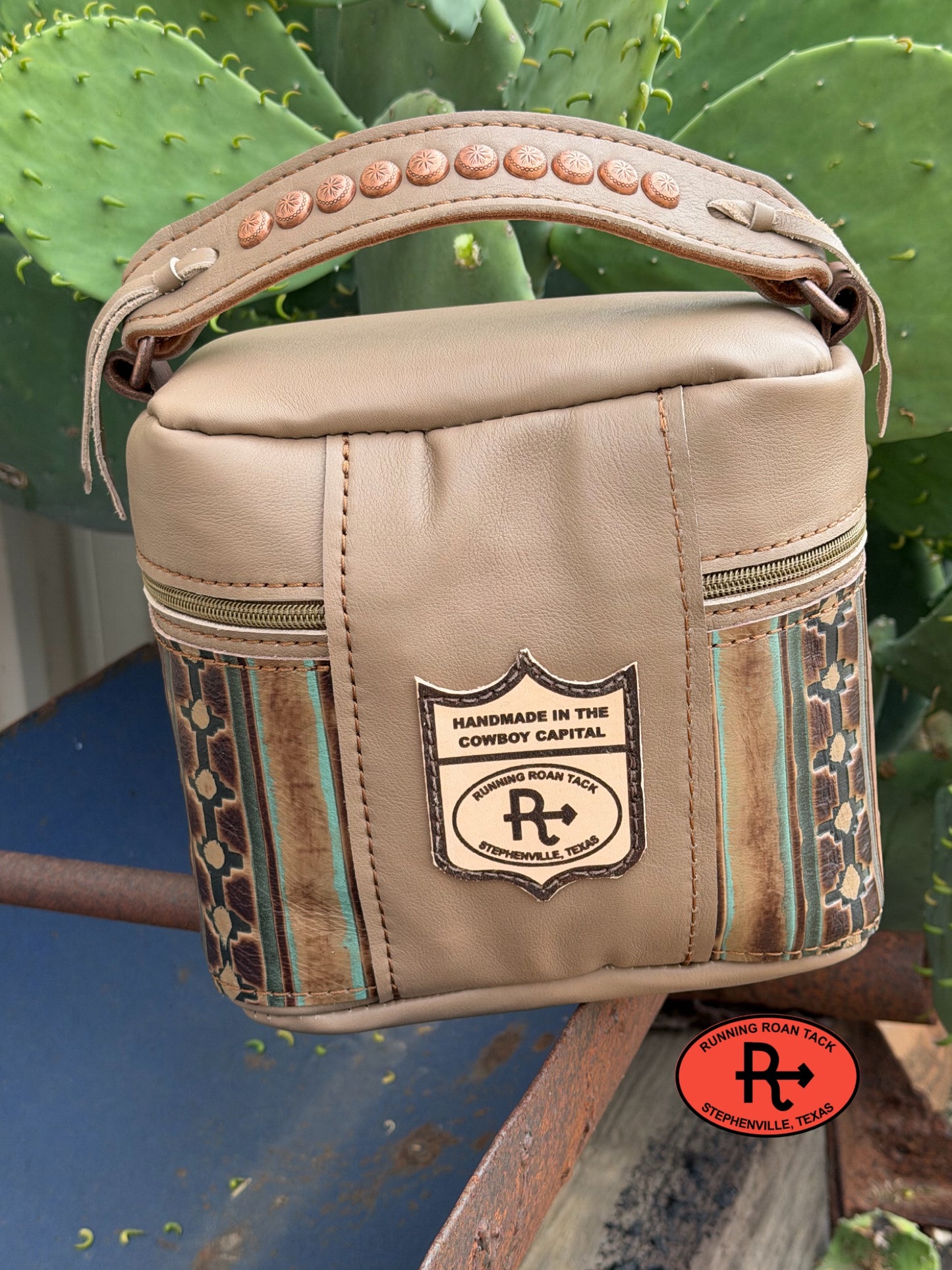 Train Case in Taupe Leather with Tricolor Southwest Embossed Leather for Makeup, Toiletries, etc traincase06012026-04