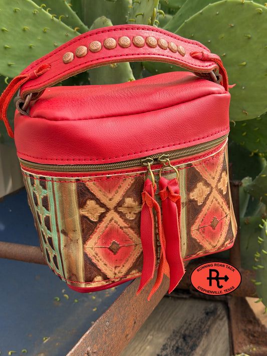 Train Case in Red Leather with Red Southwest Embossed Leather for Makeup, Toiletries, etc traincase06012026-06