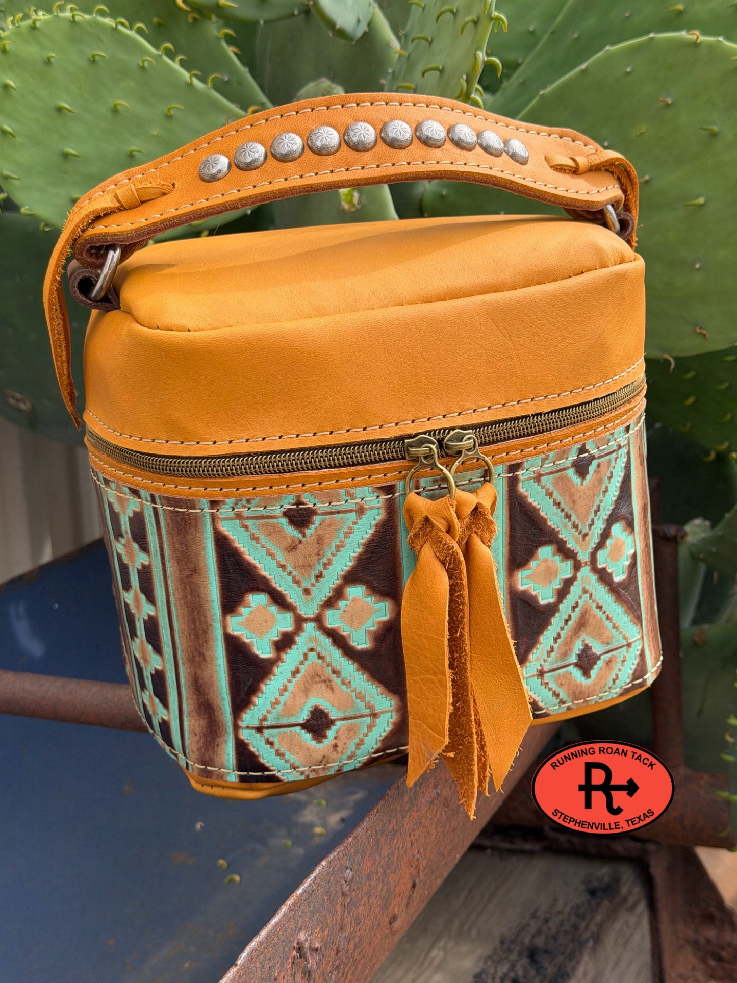 Train Case in Tan Leather with Green Turquoise Southwest Embossed Leather for Makeup, Toiletries, etc traincase06012026-07