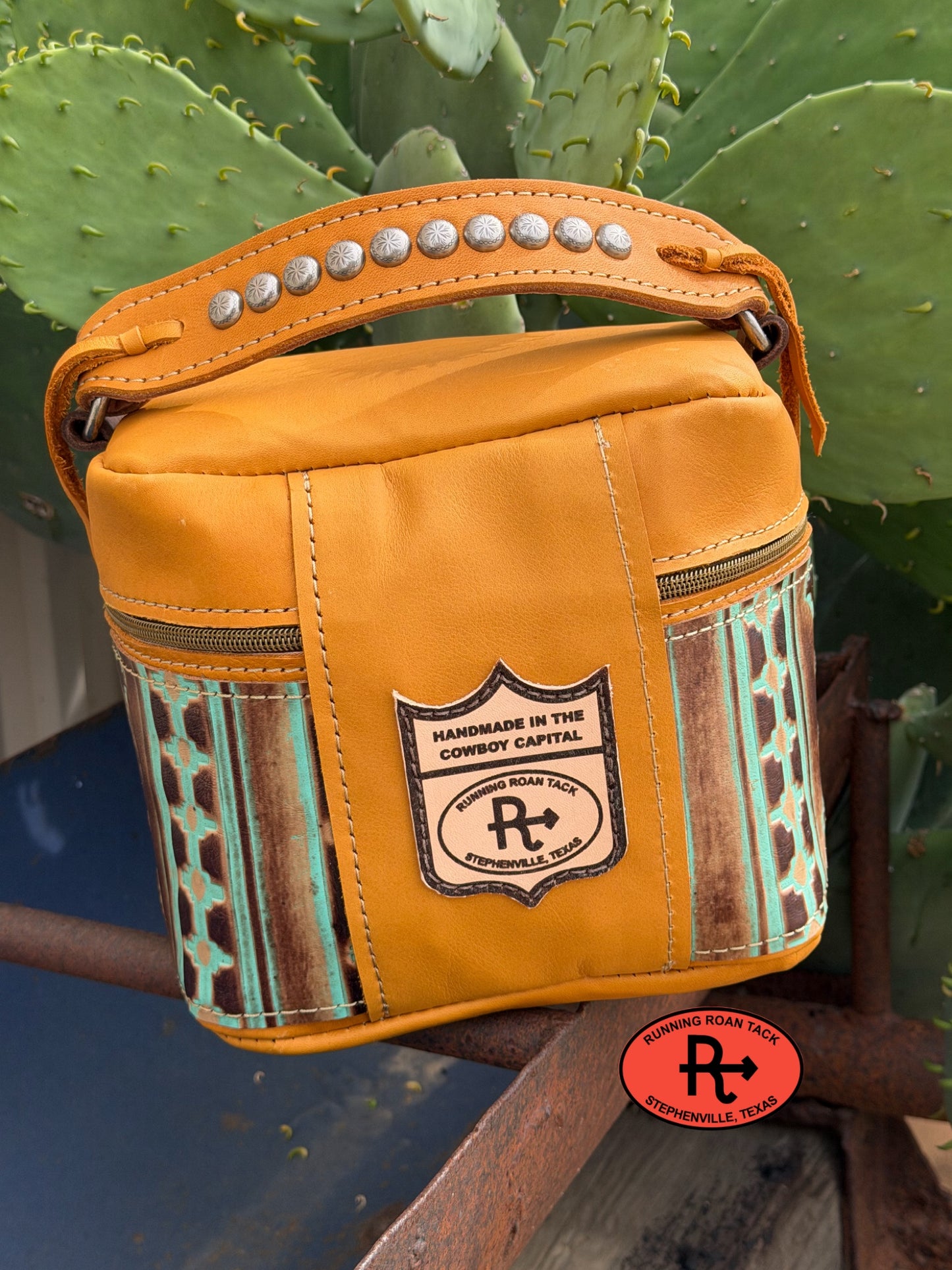 Train Case in Tan Leather with Green Turquoise Southwest Embossed Leather for Makeup, Toiletries, etc traincase06012026-07