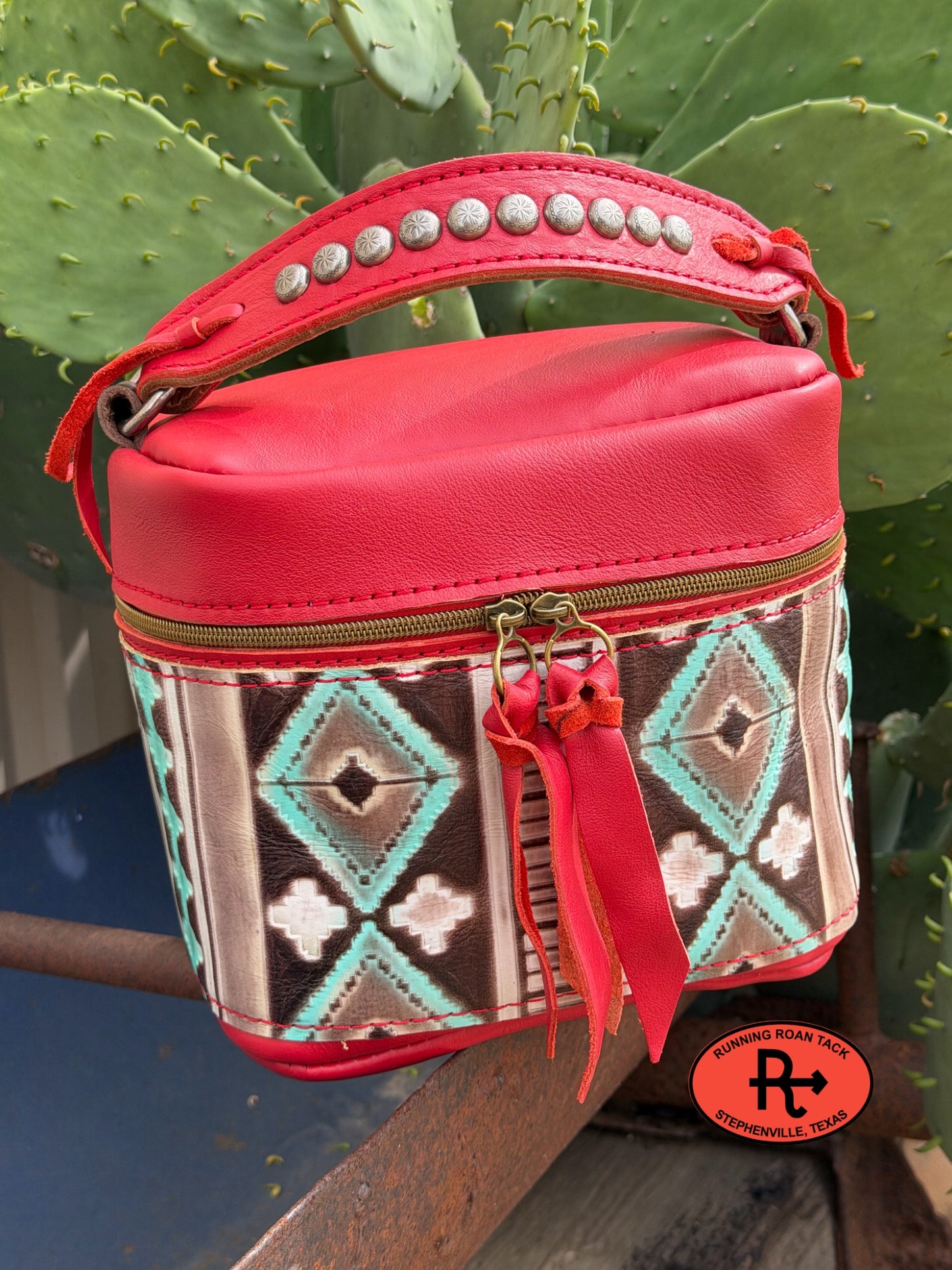 Train Case in Red Leather with Minty Southwest Embossed Leather for Makeup, Toiletries, etc traincase06012026-18