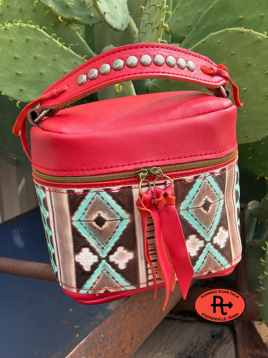 Train Case in Red Leather with Minty Southwest Embossed Leather for Makeup, Toiletries, etc traincase06012026-18