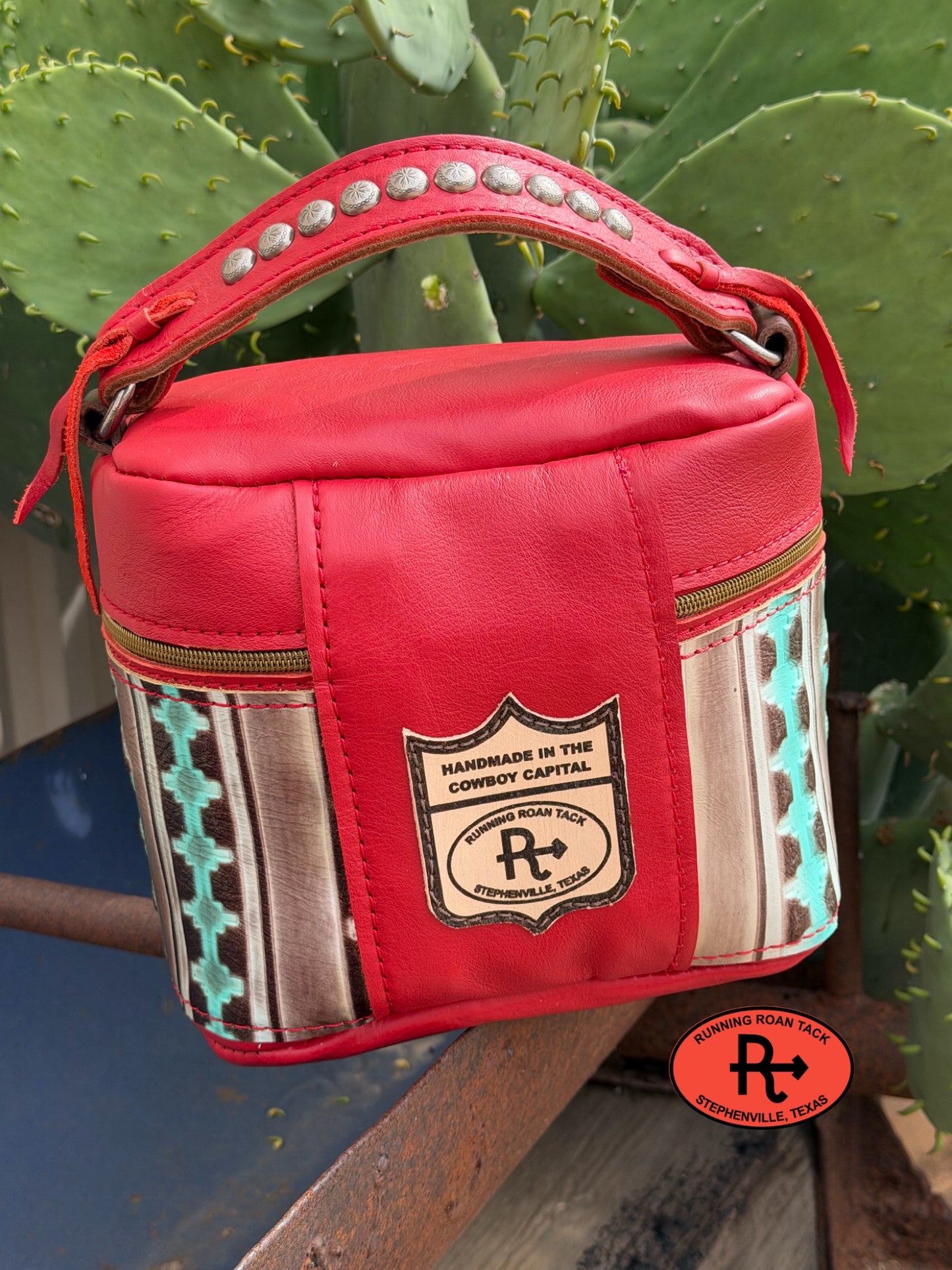Train Case in Red Leather with Minty Southwest Embossed Leather for Makeup, Toiletries, etc traincase06012026-18