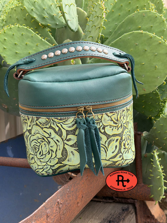 Train Case in Jade Green Leather with Mint Rose Embossed Leather for Makeup, Toiletries, etc traincase06012026-20