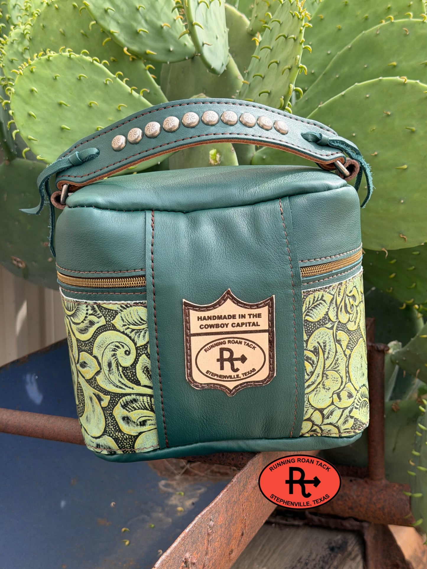 Train Case in Jade Green Leather with Mint Rose Embossed Leather for Makeup, Toiletries, etc traincase06012026-20