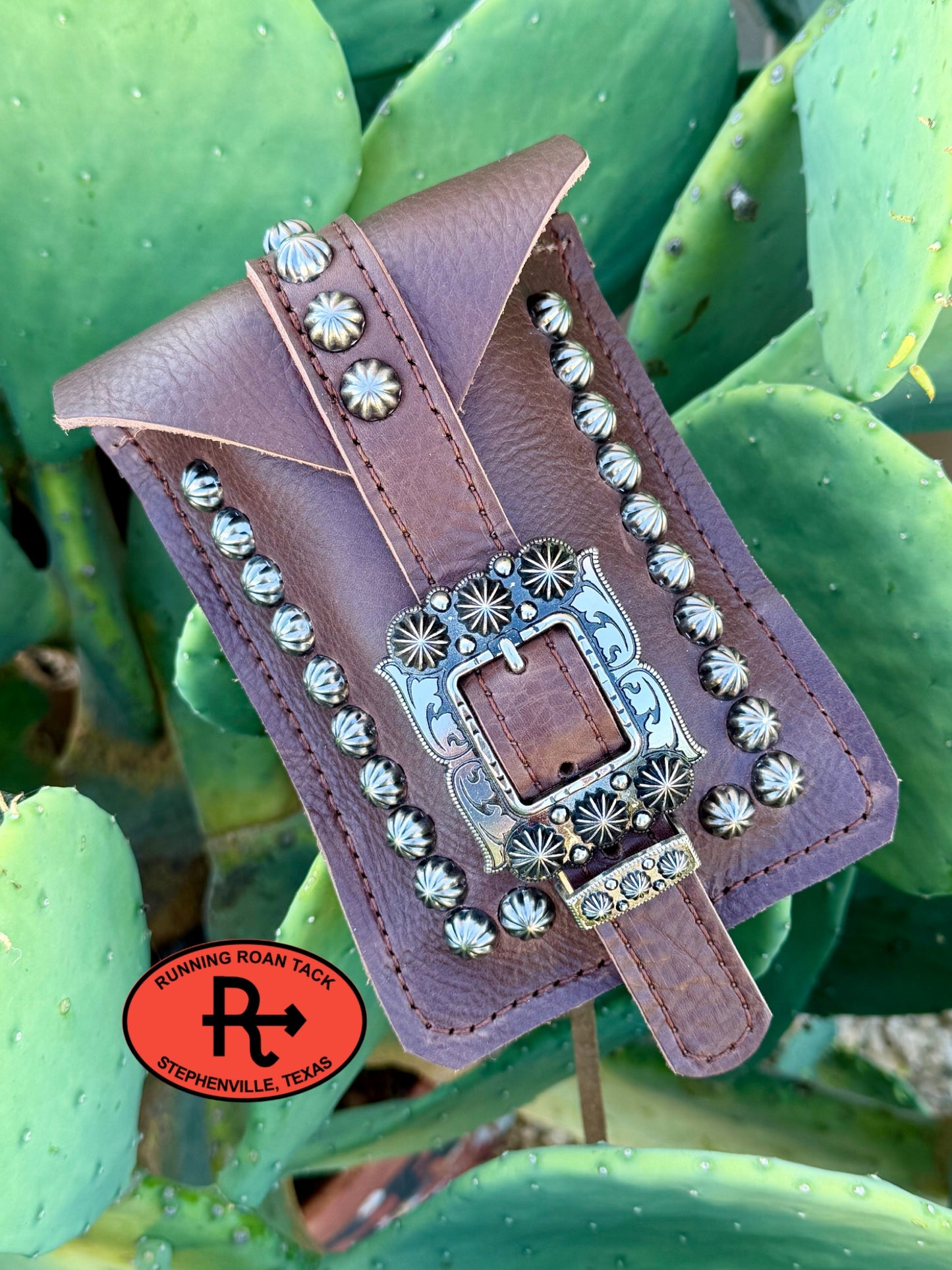Chocolate Brown Leather Mini Saddle Bag with Large Antique Silver Buckle for Phone, Keys, Roping Powder, etc