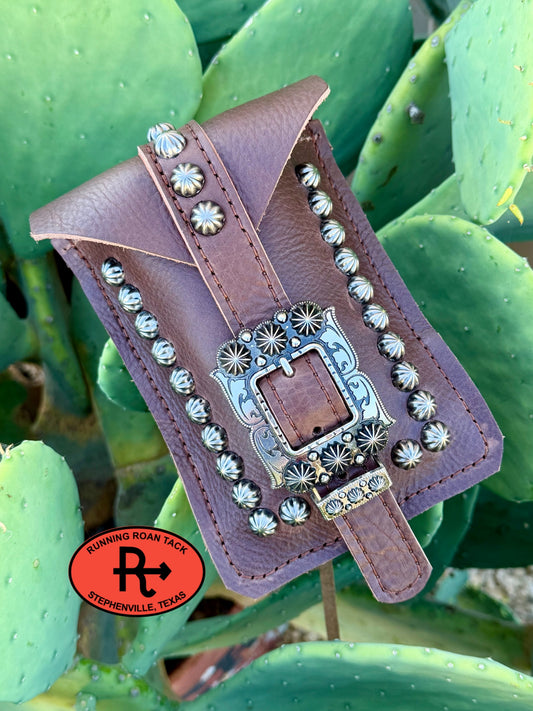 Chocolate Brown Leather Mini Saddle Bag with Large Antique Silver Buckle for Phone, Keys, Roping Powder, etc