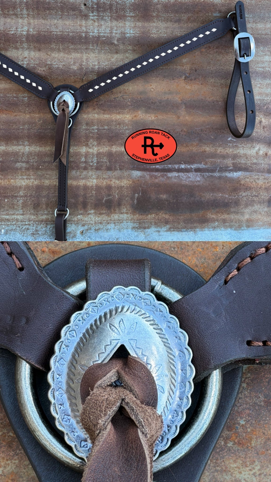 White Natural Fully Buckstitched Breast Collar with Your Choice of Slotted Conchos