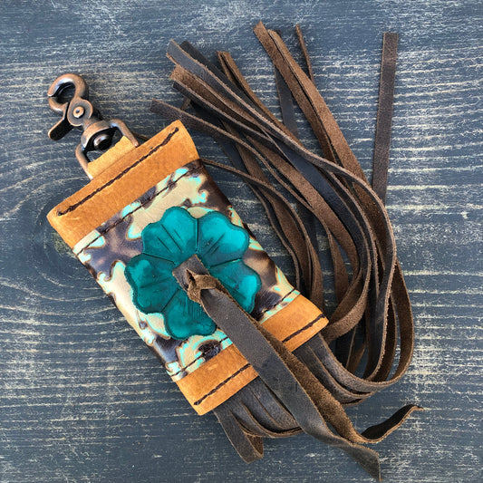 "Pequeña" Key Ring Wallet with Turquoise Floral and Teal Flower