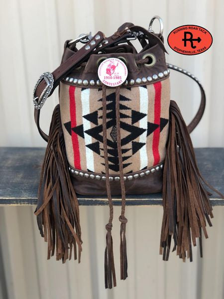 No. 01 - "The Bolo" Cross Body Fringed Bucket Bag with Wool and Antique 1985 Pendleton Round-Up Contestant Pin