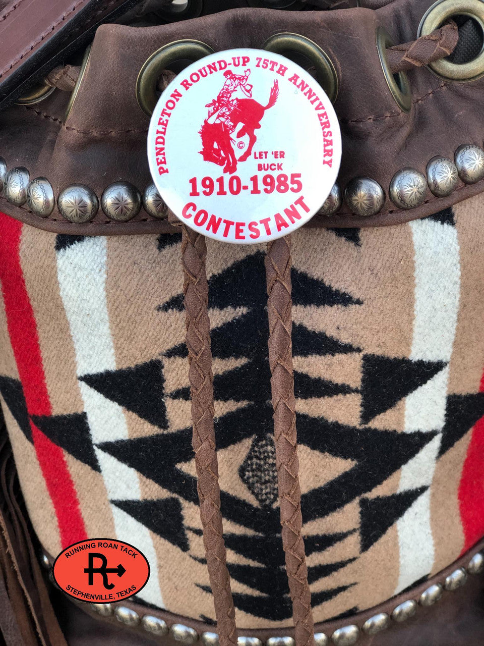 No. 01 - "The Bolo" Cross Body Fringed Bucket Bag with Wool and Antique 1985 Pendleton Round-Up Contestant Pin
