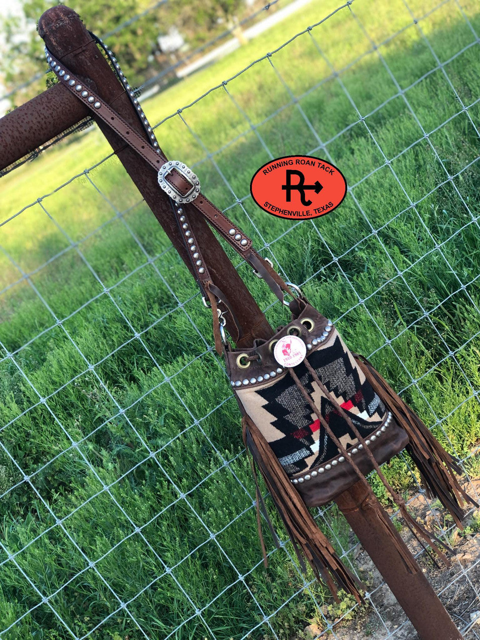 No. 02 - "The Bolo" Cross Body Fringed Bucket Bag with Wool and Antique 1985 Pendleton Round-Up Contestant Pin