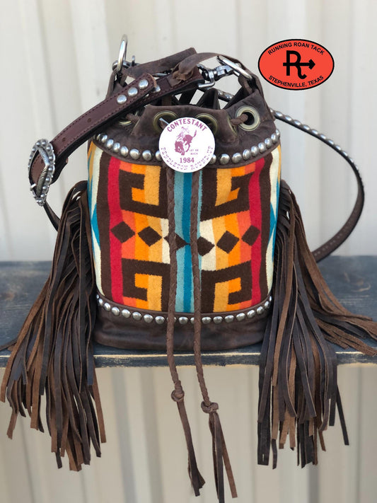 No. 04 - "The Bolo" Cross Body Fringed Bucket Bag with Wool and Antique 1984 Pendleton Round-Up Contestant Pin