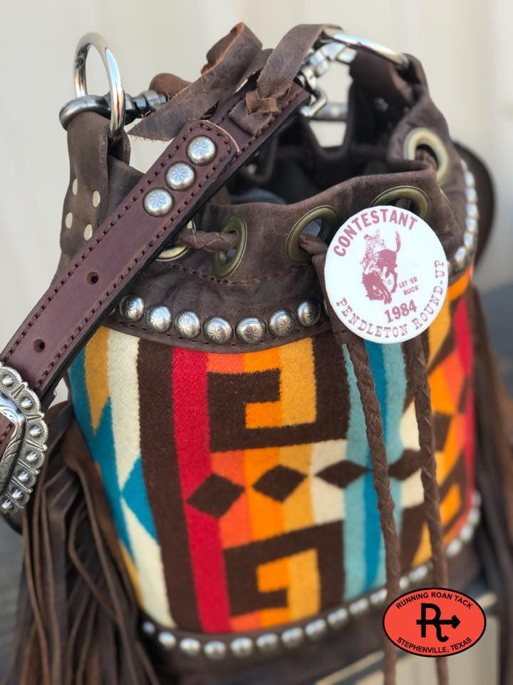No. 04 - "The Bolo" Cross Body Fringed Bucket Bag with Wool and Antique 1984 Pendleton Round-Up Contestant Pin