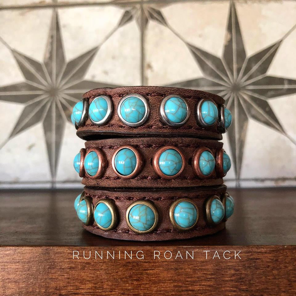 Stackable Set of Brown Bracelets with Dots and Veined Turquoise Stones with Copper Rims, Brass Rims and Antique Silver Rims