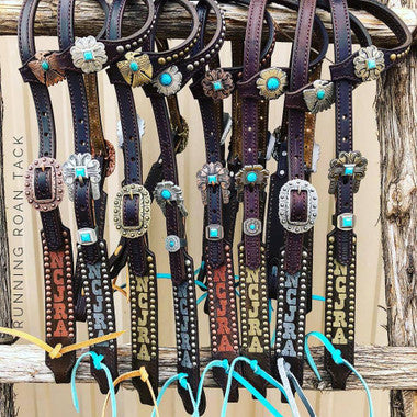 Single Ear Trophy Headstall with Laser Lettering by Running Roan Tack CLICK TO SEE QUANTITY DISCOUNTS