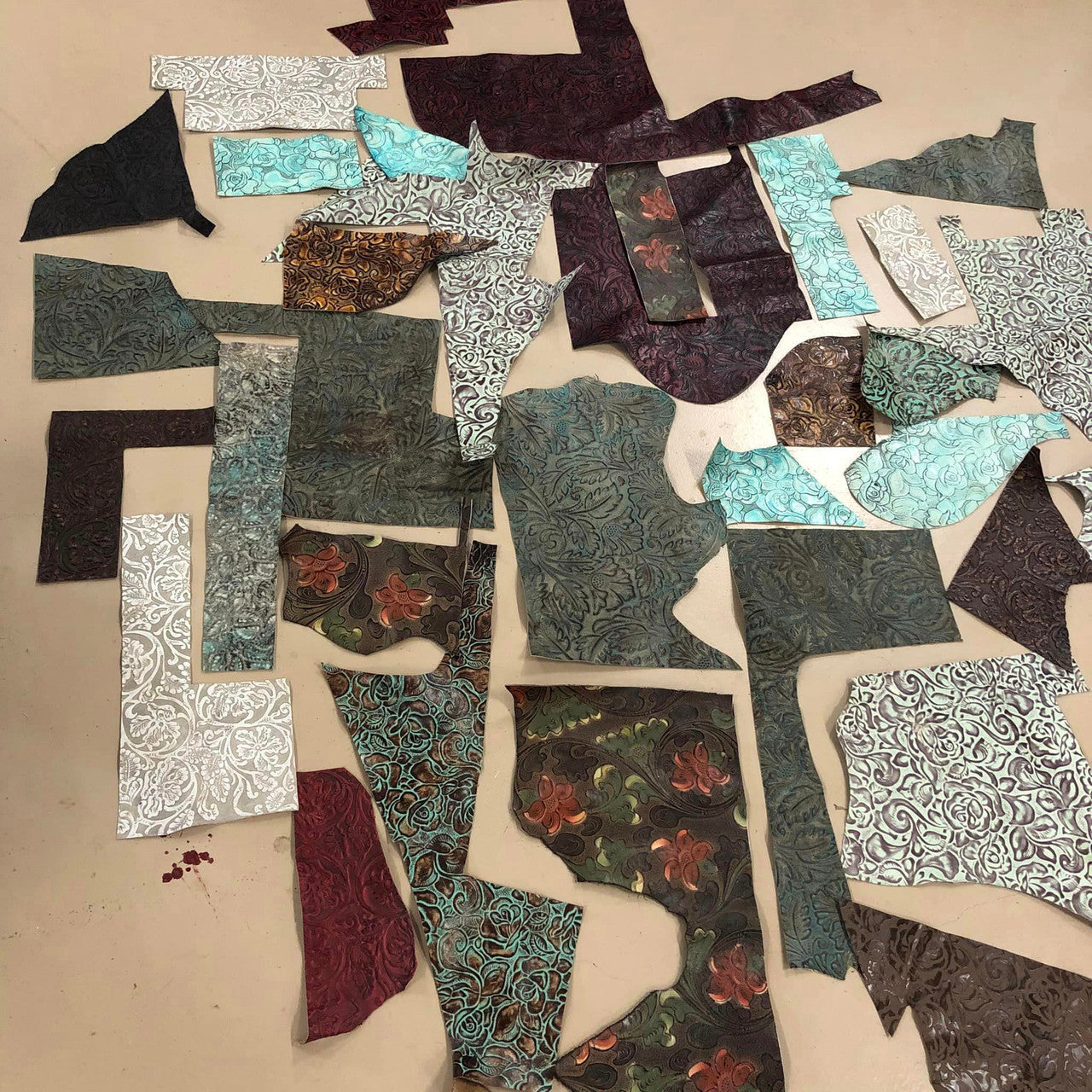 Scrap Leather Lot #3, Floral Patterns, Over 4lbs of Leather