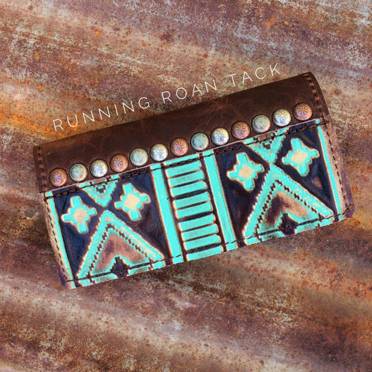 Tan Aztec Tri-Fold Ladies Wallet with Multicolor Dots by Running Roan Tack
