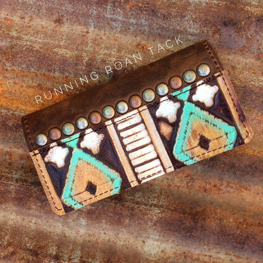 Turquoise & Cocoa Aztec Tri-Fold Ladies Wallet with Multicolor Dots by Running Roan Tack