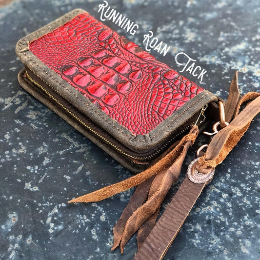 "The Pecos" Double Zip Wallet Wristlet Organizer Clutch in Red Croc with Copper Conchos by Running Roan Tack