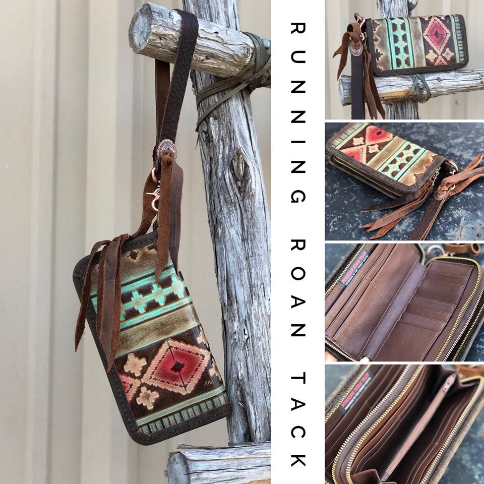"The Pecos" Double Zip Wallet Wristlet Organizer Clutch in Red Aztec with Copper Conchos by Running Roan Tack