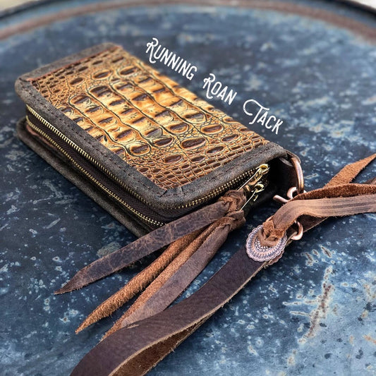 "The Pecos" Double Zip Wallet Wristlet Organizer Clutch in Sepia Croc