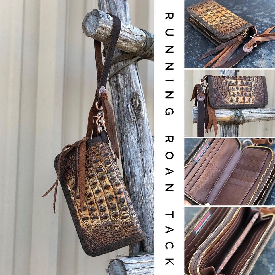 "The Pecos" Double Zip Wallet Wristlet Organizer Clutch in Sepia Croc