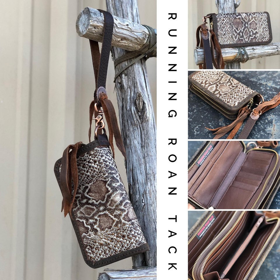 "The Pecos" Double Zip Wallet Wristlet Organizer Clutch in Copper Tipped Sand Snakeprint with Copper Conchos by Running Roan Tack