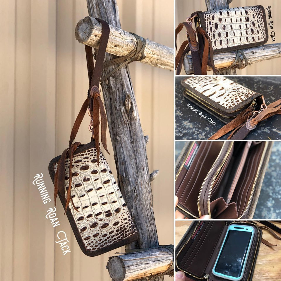 "The Pecos" Double Zip Wallet Wristlet Organizer Clutch in Copper Tipped Ivory Croc with Copper Conchos by Running Roan Tack