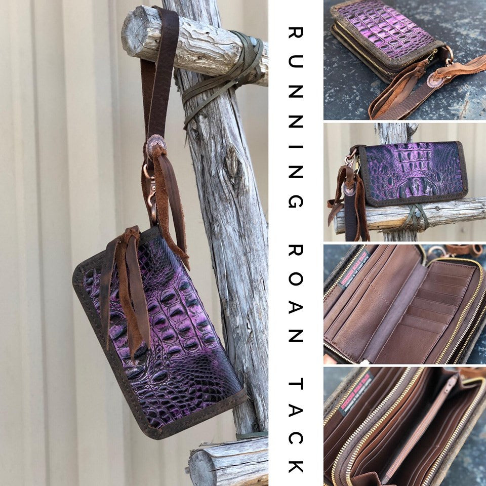 "The Pecos" Double Zip Wallet Wristlet Organizer Clutch in Purple Croc with Copper Conchos by Running Roan Tack