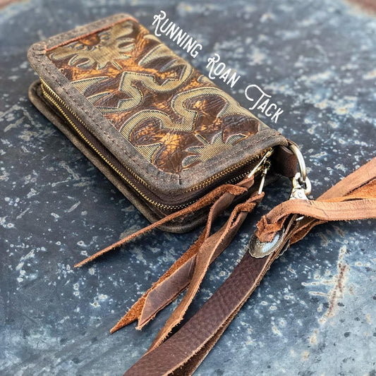 "The Pecos" Double Zip Wallet Wristlet Organizer Clutch in Sepia Boot Top Leather with Antique Silver Conchos by Running Roan Tack
