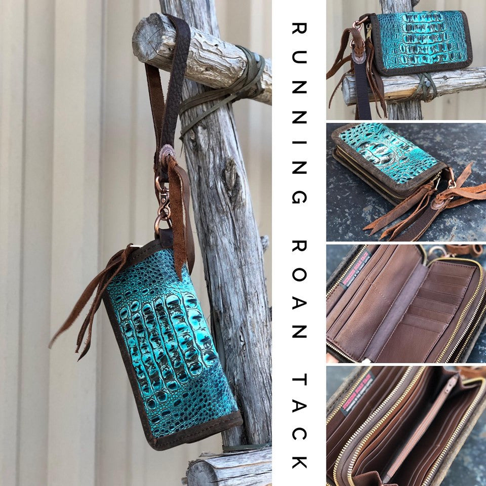 "The Pecos" Double Zip Wallet Wristlet Organizer Clutch in Bright Turquoise Croc with Copper Conchos by Running Roan Tack