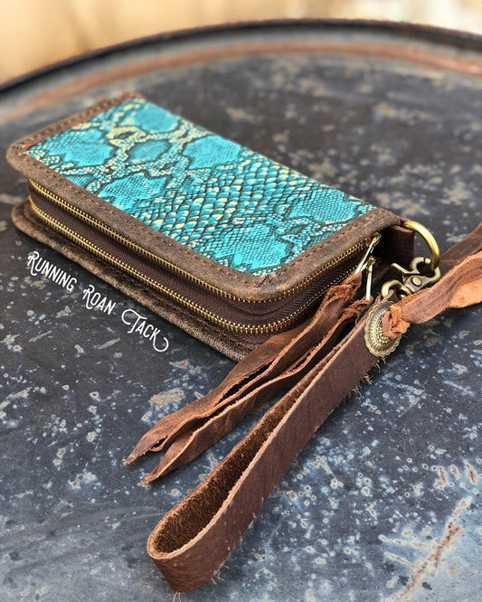"The Pecos" Double Zip Wallet Wristlet Organizer Clutch in Turquoise Snake