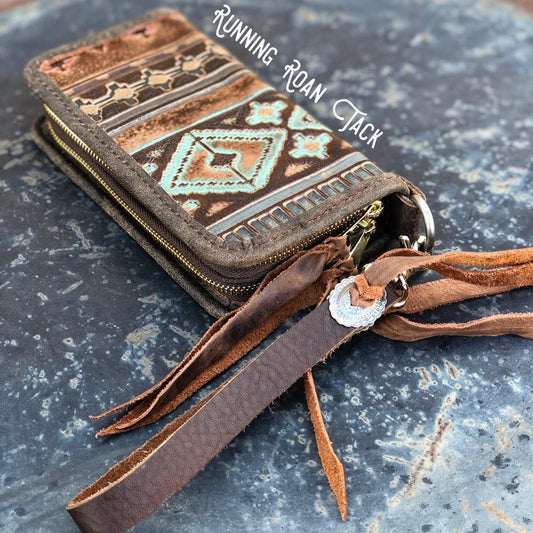 "The Pecos" Double Zip Wallet Wristlet Organizer Clutch in Turquoise Aztec with Antique Silver Conchos
