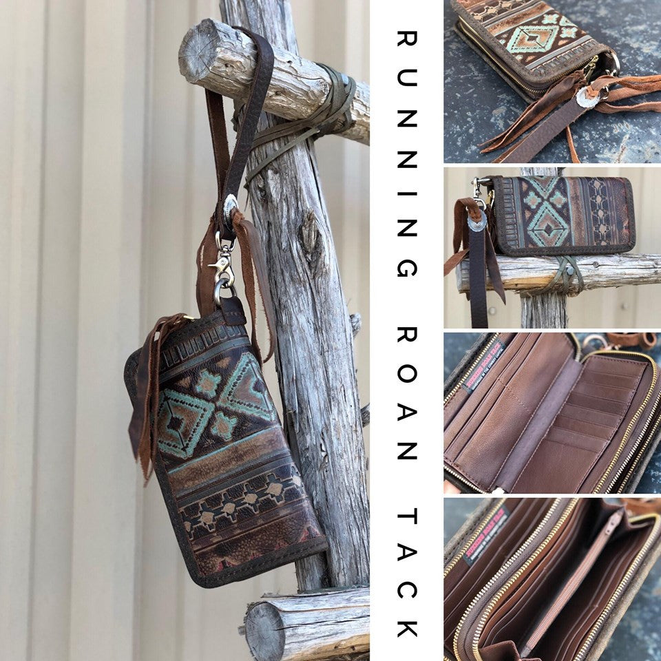 "The Pecos" Double Zip Wallet Wristlet Organizer Clutch in Turquoise Aztec with Antique Silver Conchos