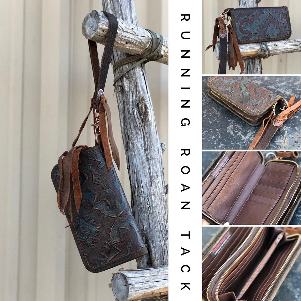 "The Pecos" Double Zip Wallet Wristlet Organizer Clutch in Midnight Navy Boot Top Leather with Copper Conchos by Running Roan Tack