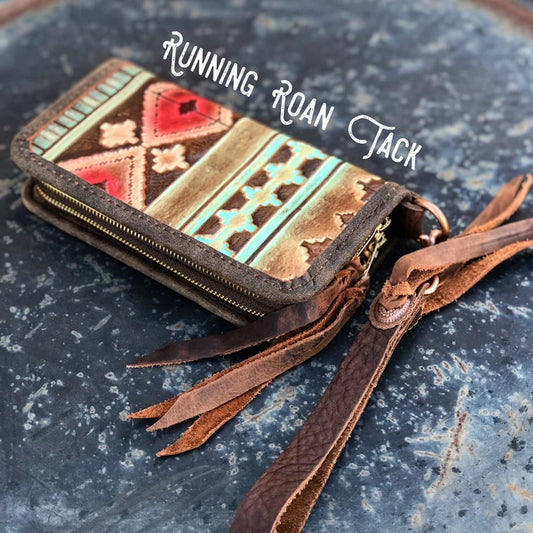 "The Pecos" Double Zip Wallet Wristlet Organizer Clutch in Red Aztec with Copper Conchos by Running Roan Tack
